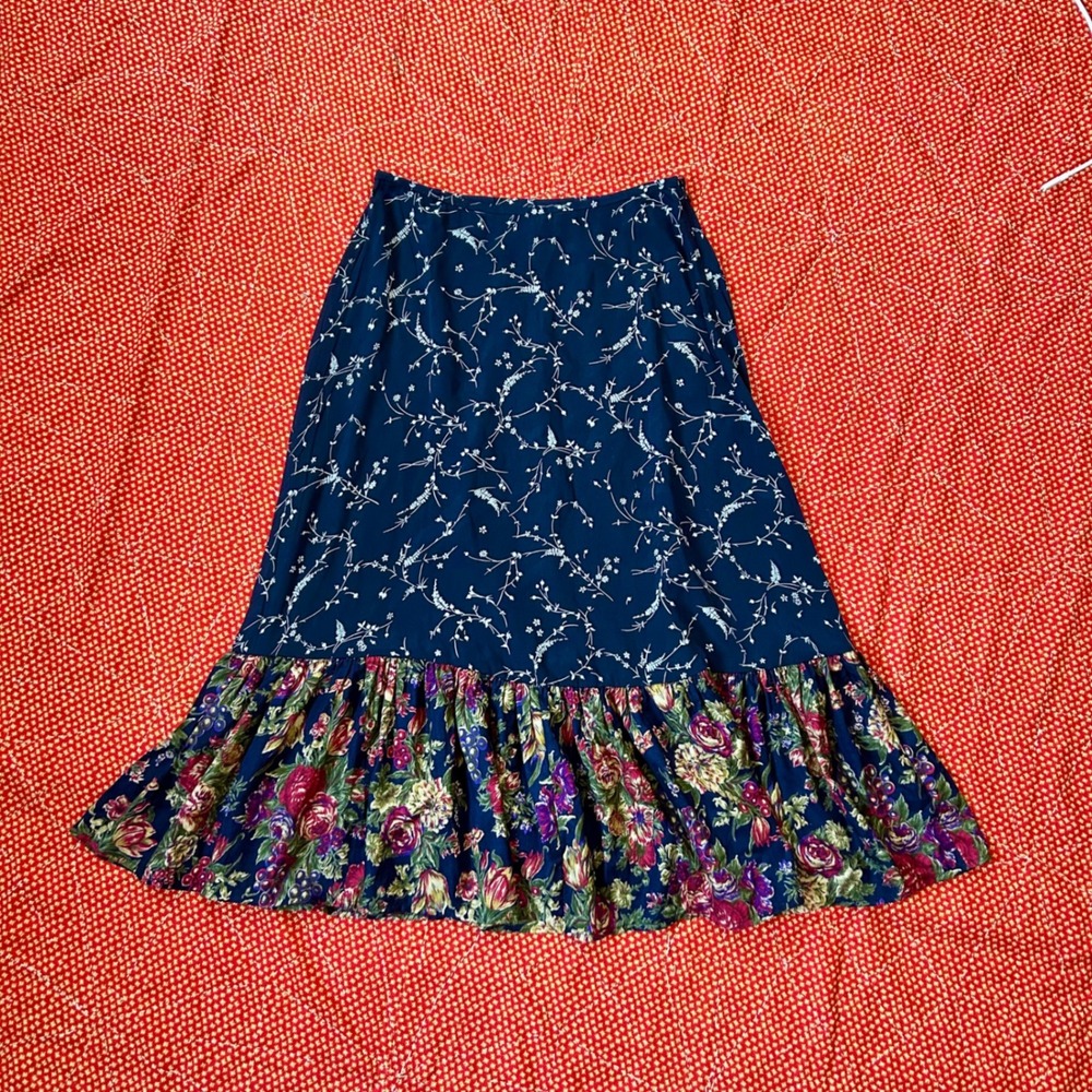Lauren Ralph Lauren vtg 90s Silk Floral maxi Skirt Navy Blue Ruffle Hem Size 8